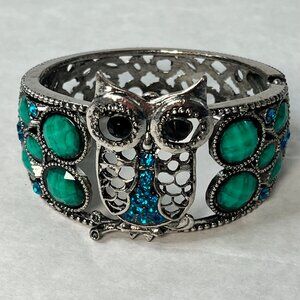 Silver Owl Cuff Bracelet With Green & Blue Gemstones Hinged Closure Intricate De